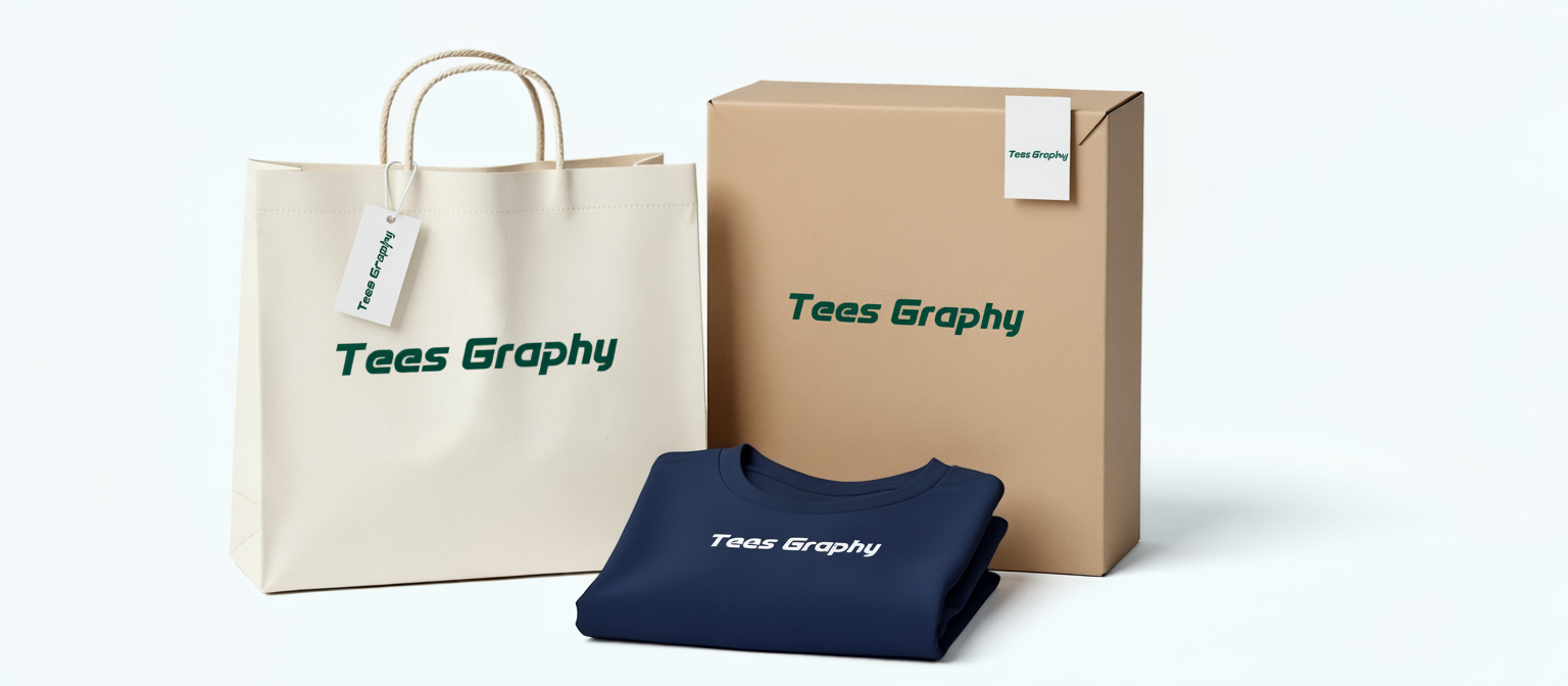 Eco-friendly packaging with branded merchandise and thank you note. A green shirt, gift box, thank you card, and eco-friendly packaging with branding.