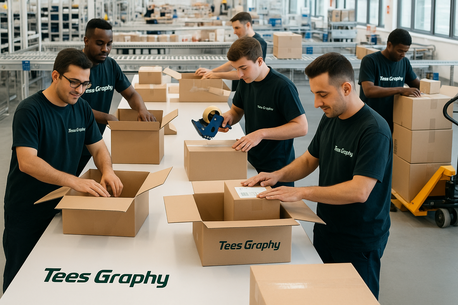 Packaging and sorting custom products in a warehouse. A t-shirt, boxes, and workers sorting packages on a conveyor belt in a warehouse.