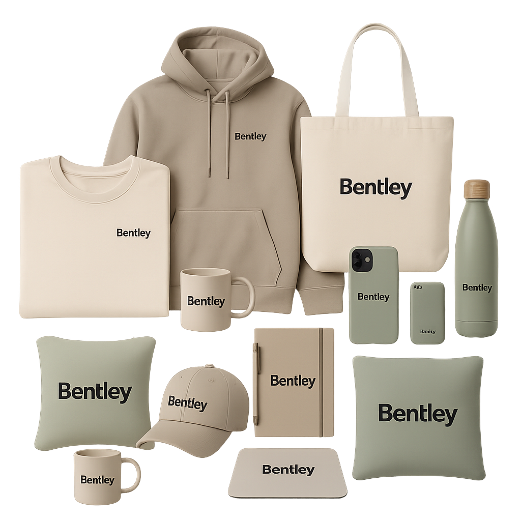 Corporate Gifting A hoodie, t-shirt, cap, mug, tote bag, and a wrapped gift box, all branded with "Tees Graphy," are arranged on display.