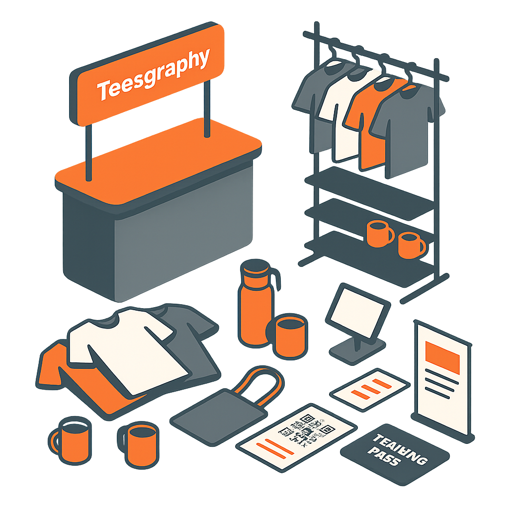 Custom T-shirt printing process with design mockups and production images.