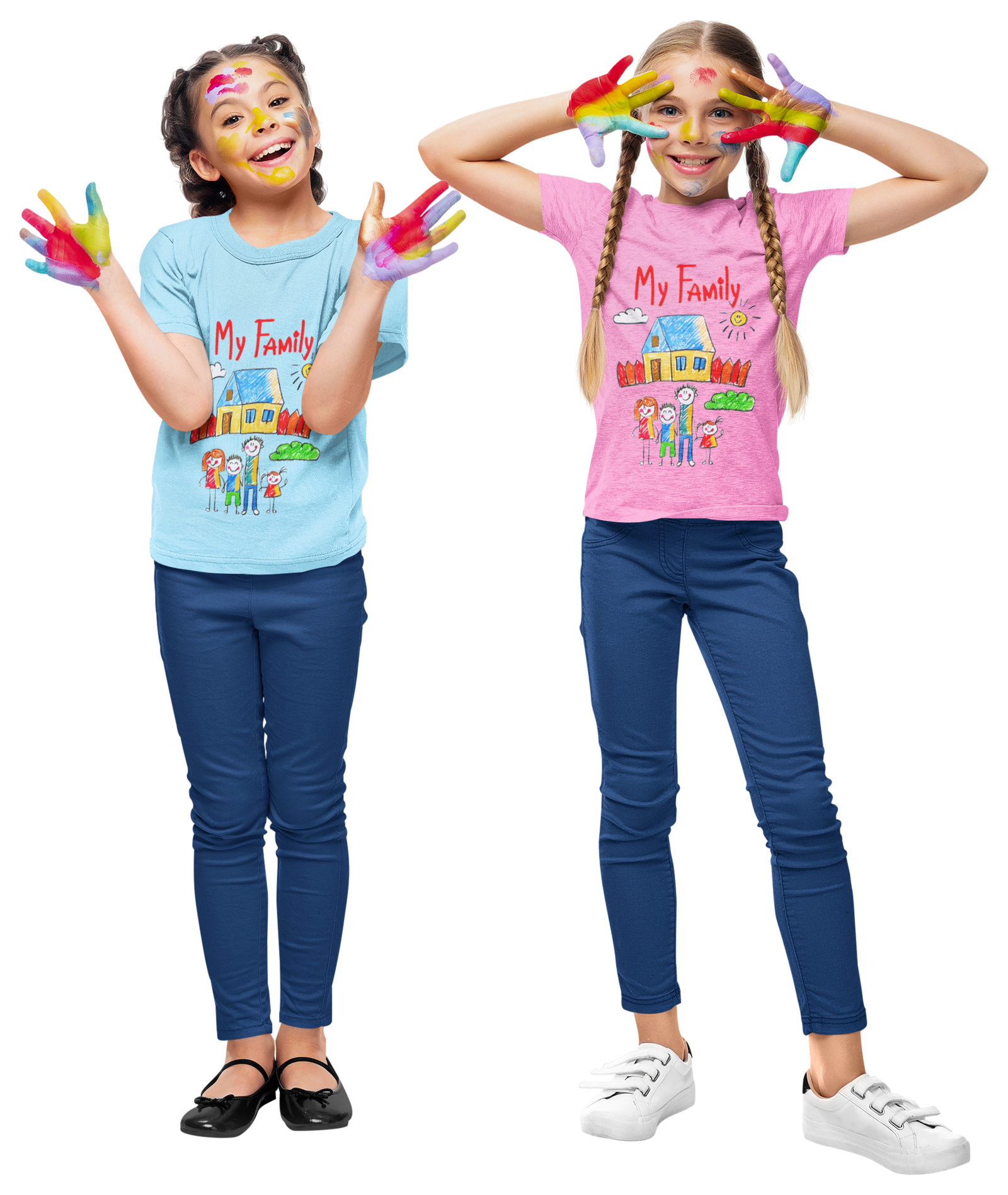 Two girls wearing "My Family" t-shirts with colorful handprints on their hands.